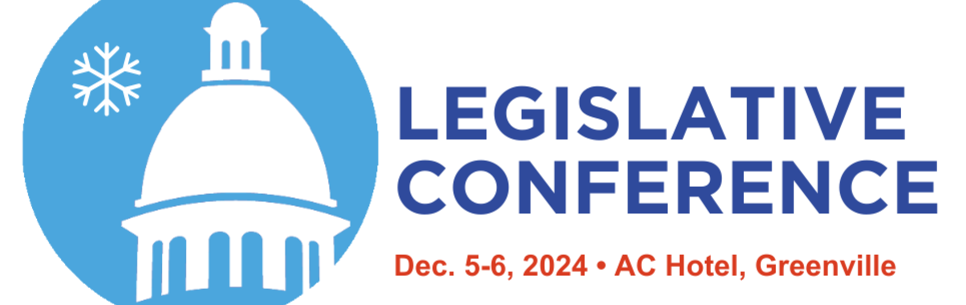 Blue legislative conference logo on white background with date and hotel in red font