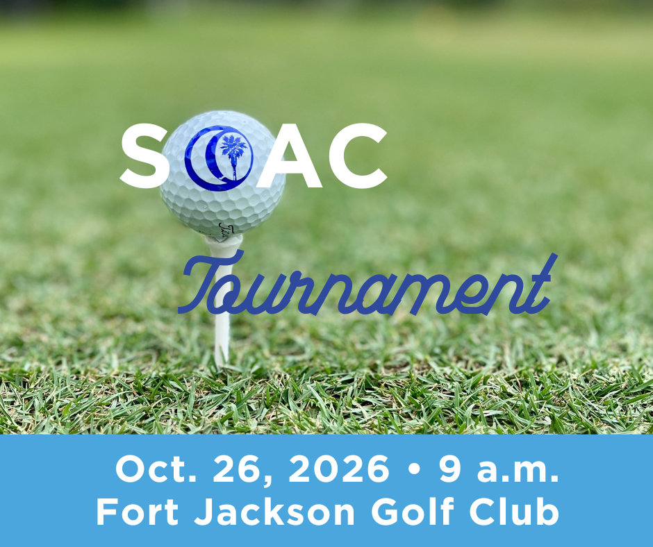 Golf ball on a tee in the foreground with grassy background. Text says SCAC Tournament, Oct. 26, 9 a.m., Fort Jackson Golf Club