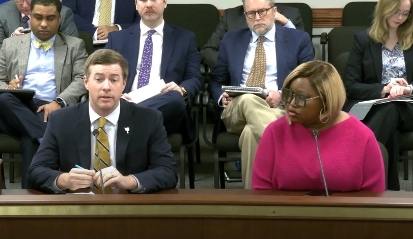 SCAC Staff Attorney John Wienges Jr. testifies alongside Erica Wright from the Municipal Association of South Carolina at a Senate Labor, Commerce and Industry subcommittee. 