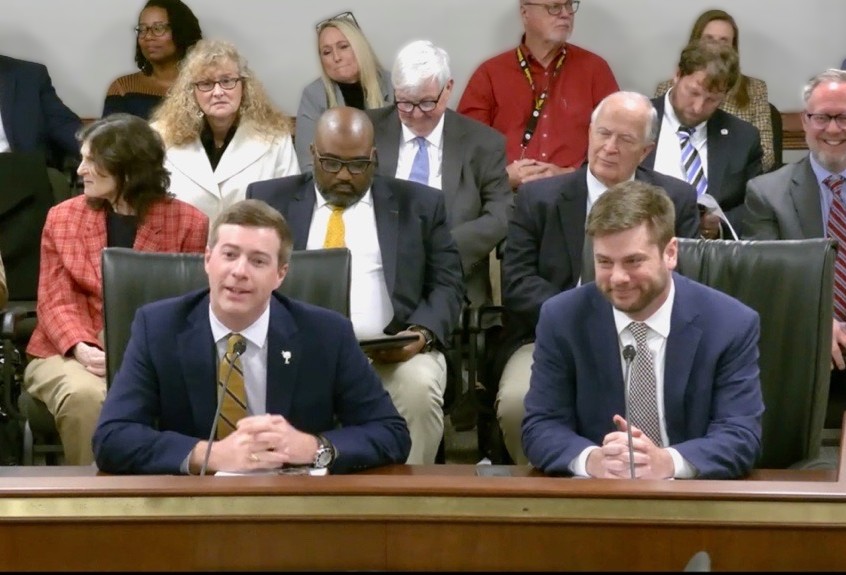 SCAC Staff Attorney John Wienges and Allen Klump, vice president of government relations for the S.C. Manufacturers Alliance, testify at a Senate Labor, Commerce and Industry subcommittee in support of S. 171 on waste tires. 